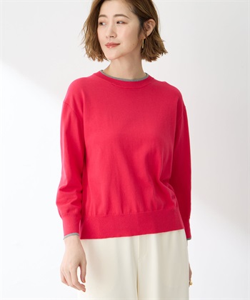 バイカラーニットプルオーバー(ピンク-M)