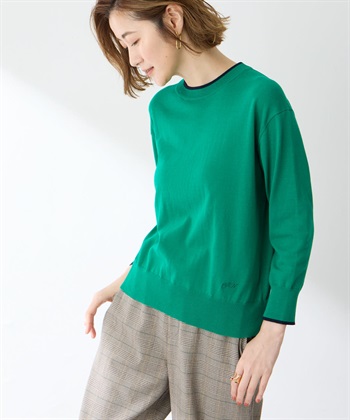 バイカラーニットプルオーバー(グリーン-M)