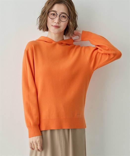 美品✨定価18万 フォクシー カシミヤウール ケーブルニットパーカー オレンジ フードニットパーカー【ウォッシャブル】 Petit Honfleur｜クロス