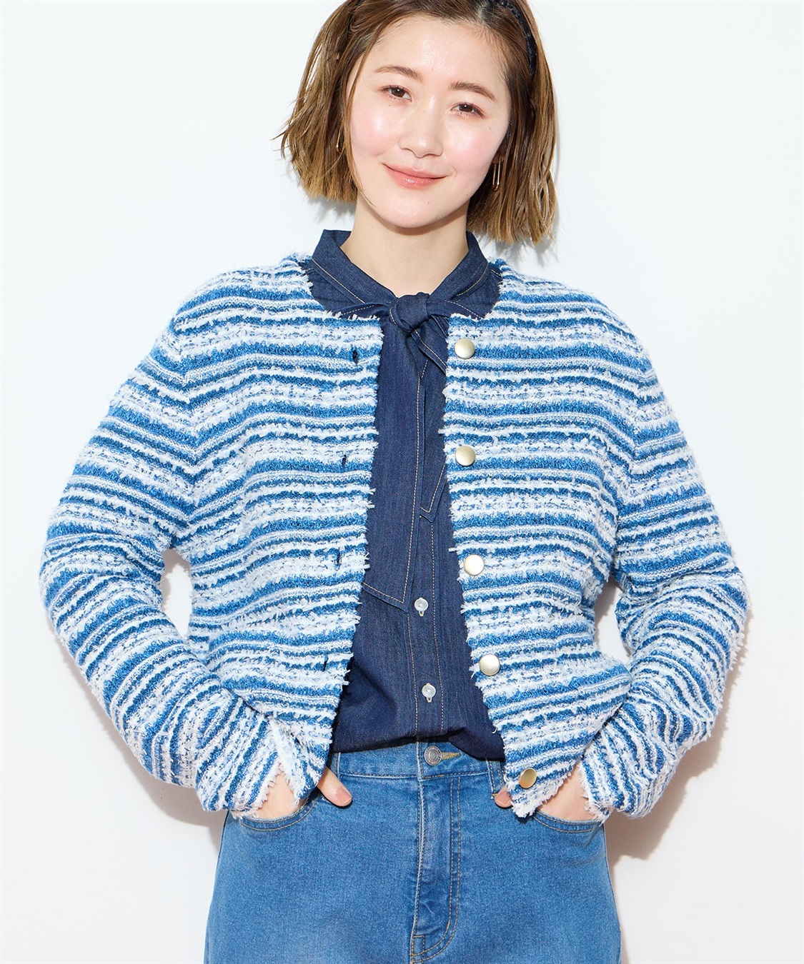 Petit Honfleur ツイード風ニットクルーカーディガン【ハンドウォッシャブル】_variation_1