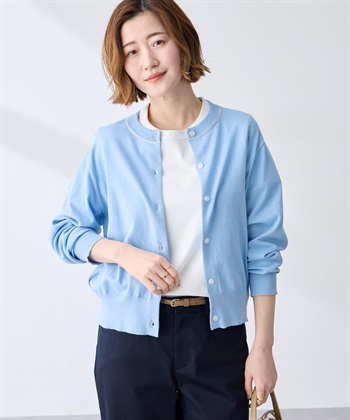 ファンクションクルーネックカーディガン【接触冷感・UVカット・ウォッシャブル】(サックス-M)