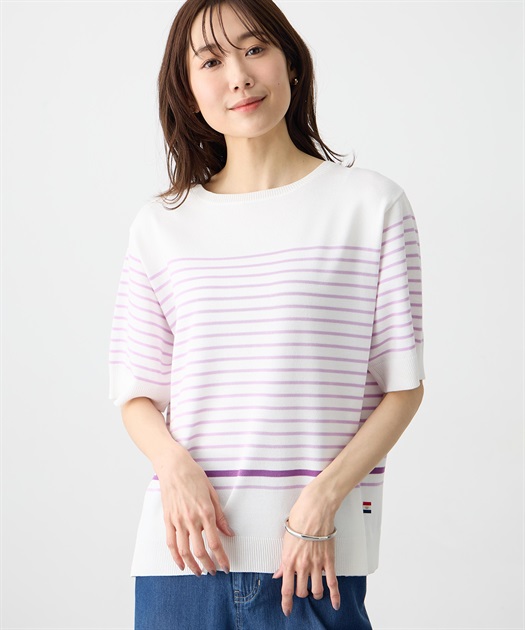 ハーフスリーブニットボーダープルオーバー【UVカット・接触冷感】