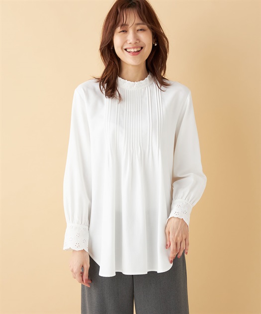 極美品✨45R リネン ピンタック プルオーバー シャツ ホワイト 1