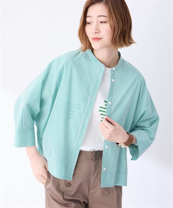 ストライプドルマンスリーブシャツ(グリーン-9号)