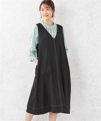 リネンブレンドワンピース(ブラック-M)