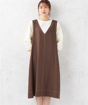 リネンブレンドワンピース(ブラウン-M)