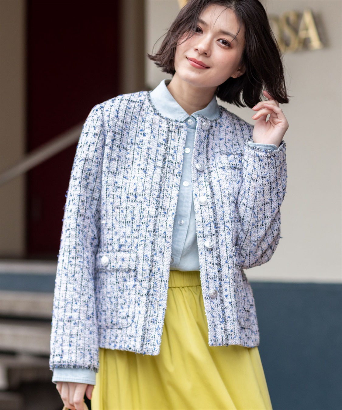 Petit Honfleur ノーカラーツイードジャケット_main