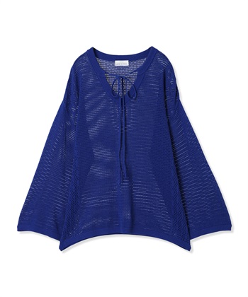 透かしニットプルオーバー(ブルー-M)