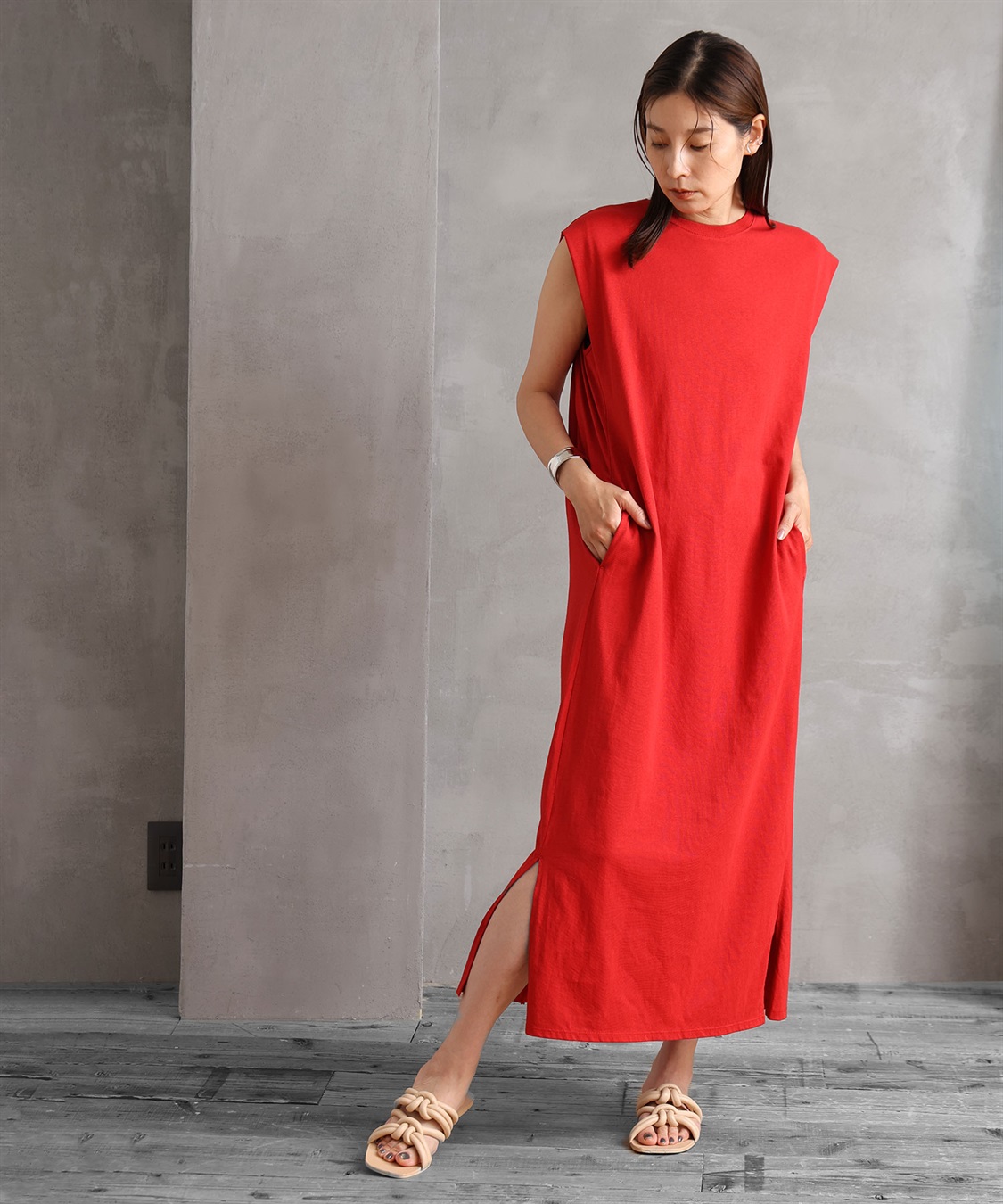 【コメントにてお値下げ分】ネストローブ　リネン ノースリーブワンピース　赤 nest Robe robe / ネストローブ | リネンギャザーワンピース
