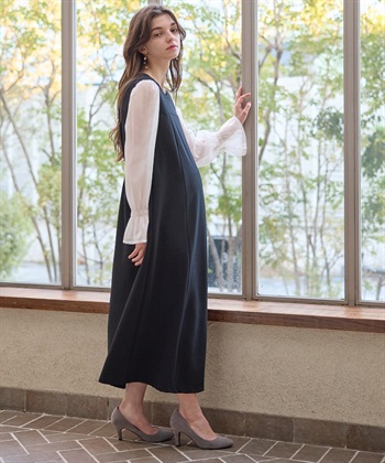 シフォンスリーブ ストレッチジョーゼットワンピース（マタニティ/授乳服）授乳口付き 授乳楽々 妊婦服 産前・産後対応(ブラック 予約-Ｍ)