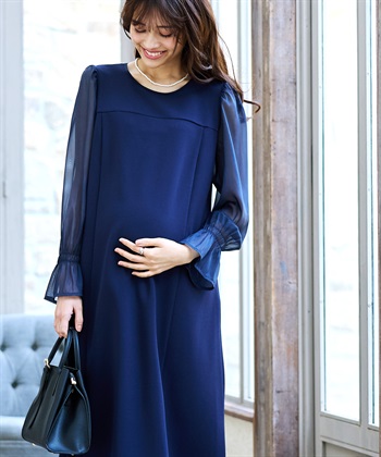 シフォンスリーブ ストレッチジョーゼットワンピース（マタニティ/授乳服）授乳口付き 授乳楽々 妊婦服 産前・産後対応(ネイビー-Ｍ)