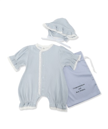 リブ× レース ベビー退院着セット(サックス(七分袖)-フリー)