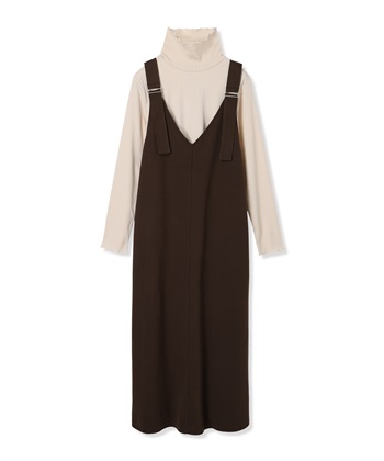 メロウリブカットソー×ニットカルゼジャンパースカート(ダークブラウン-Ｍ)