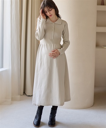 ポロニットワンピース(マタニティ&授乳服）授乳口付き 授乳楽々 妊婦服 産前・産後対応(ベージュ-Ｍ)