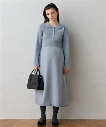 ポロニットワンピース(マタニティ&授乳服）授乳口付き 授乳楽々 妊婦服 産前・産後対応(サックス-Ｍ)