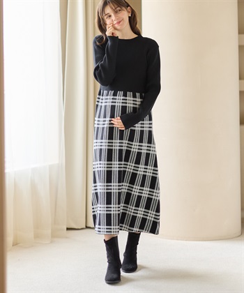 チェック柄切替ニットワンピース(マタニティ&授乳服）授乳口付き 授乳楽々 妊婦服 産前・産後対応(ブラック-Ｍ)