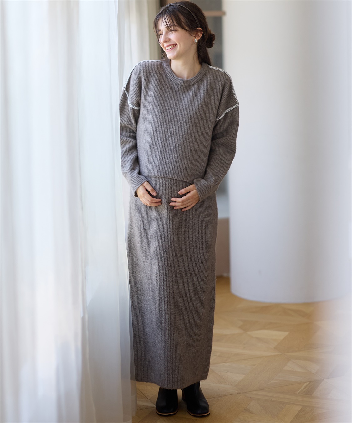 Rosemadame 配色ステッチニットワンピース(マタニティ&amp;授乳服）授乳口付き 授乳楽々 妊婦服 産前・産後対応_main