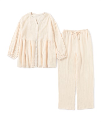 【LAFUKU/ラフク】ゆったり柔らかダブルガーゼパジャマ綿100％《上下セット》(アイボリー-M)