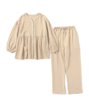 【LAFUKU/ラフク】ゆったり柔らかダブルガーゼパジャマ綿100％《上下セット》(ベージュ-M)