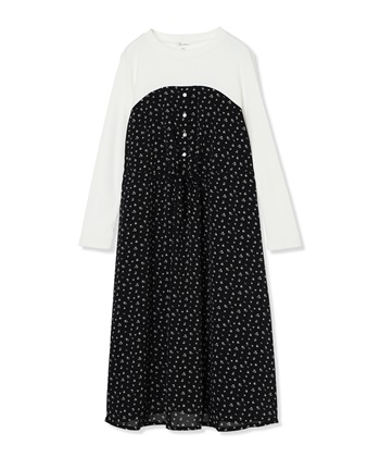 小花柄ベア切替ワンピース（マタニティ/授乳服）授乳口付き 授乳楽々 妊婦服 産前・産後対応(ブラック-Ｍ)