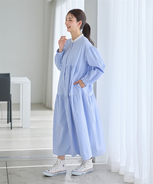 ストライプティアードワンピース（マタニティ/授乳服）授乳口付き 授乳楽々 妊婦服 産前・産後対応