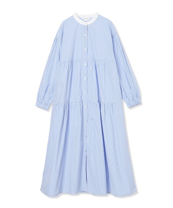 ストライプティアードワンピース（マタニティ/授乳服）授乳口付き 授乳楽々 妊婦服 産前・産後対応(ブルー-Ｍ)