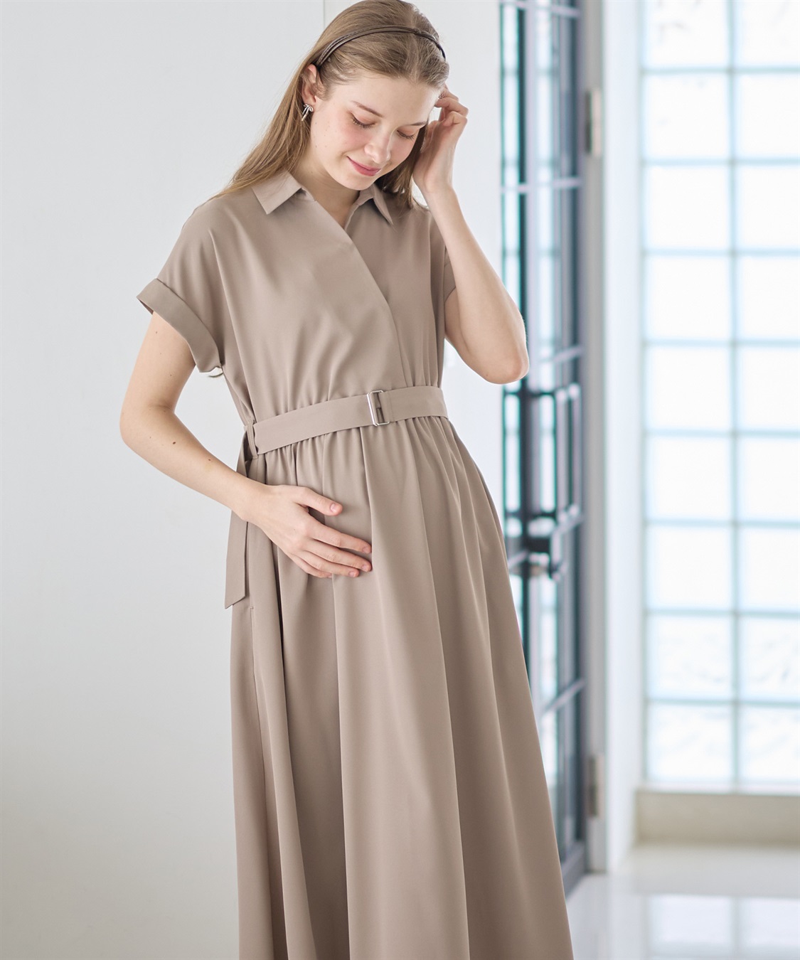 Rosemadame フレンチスリーブ スキッパ―シャツ マタニティワンピース(マタニティ&amp;授乳服）授乳口付き 授乳楽々 妊婦服 産前・産後対応_main