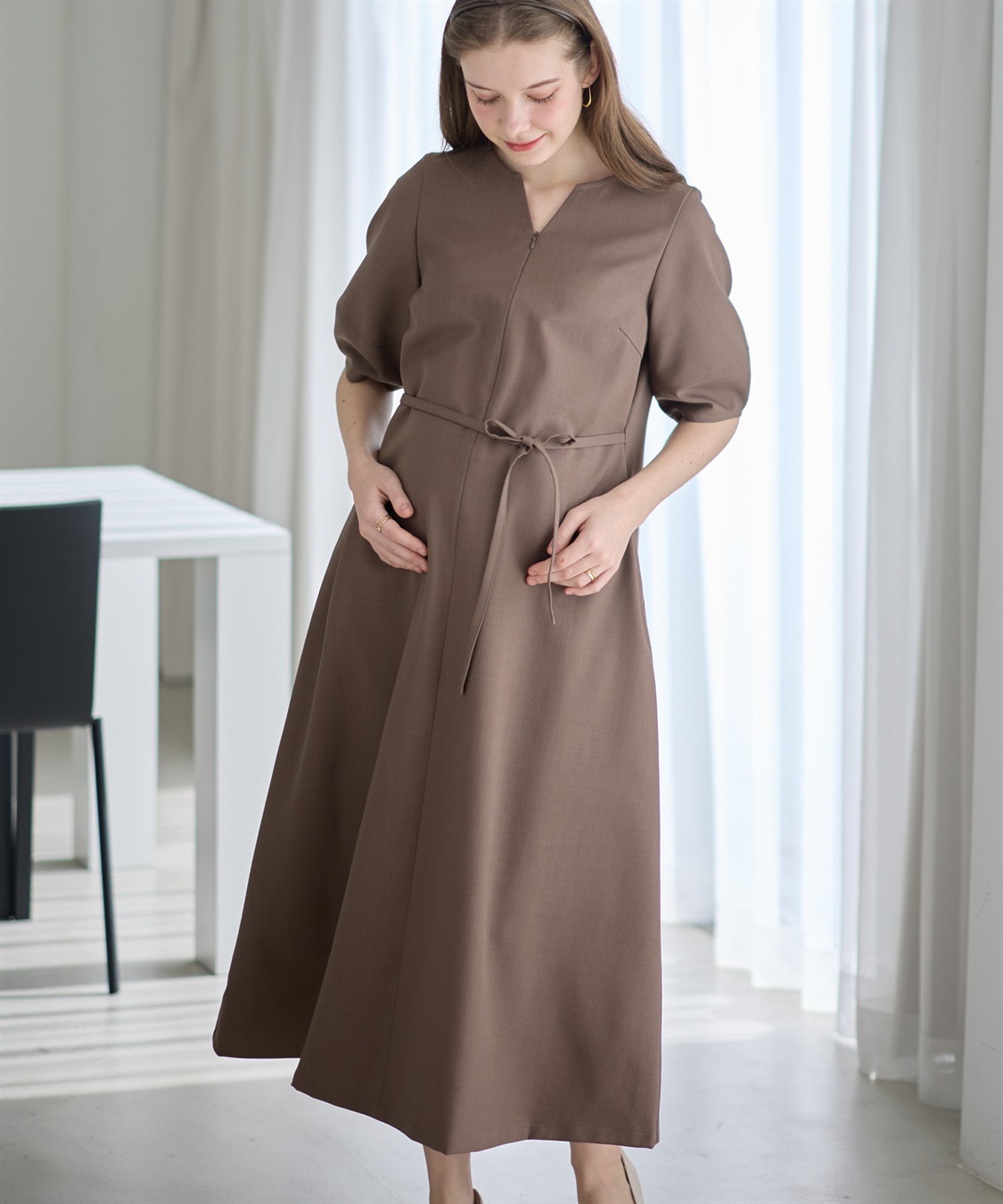 Rosemadame ランタンスリーブウエストリボン付きワンピース（マタニティ/授乳服）授乳口付き 授乳楽々 妊婦服 産前・産後対応_main