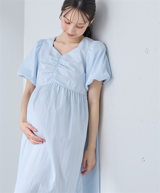 バルーンスリーブ ゆったりフレアワンピース/マタニティワンピース（マタニティ/授乳服）授乳口付き 授乳楽々 妊婦服 産前・産後対応
