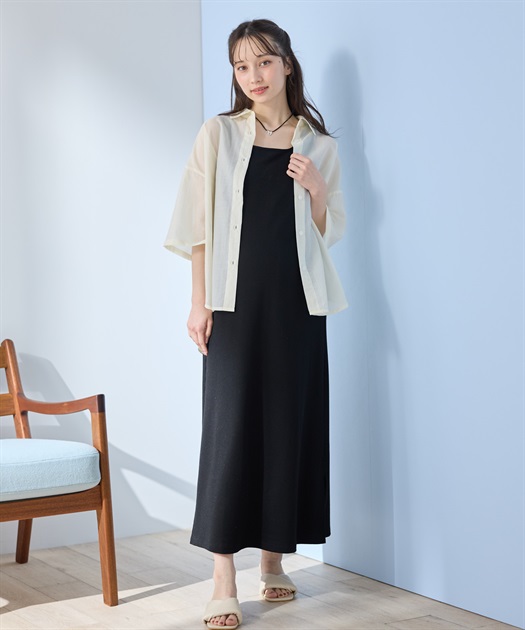 シアーストライプシャツ×ラメリブ ノースリ ワンピース/マタニティワンピース（マタニティ/授乳服）セット 授乳口付き 授乳楽々 妊婦服 産前・産後対応