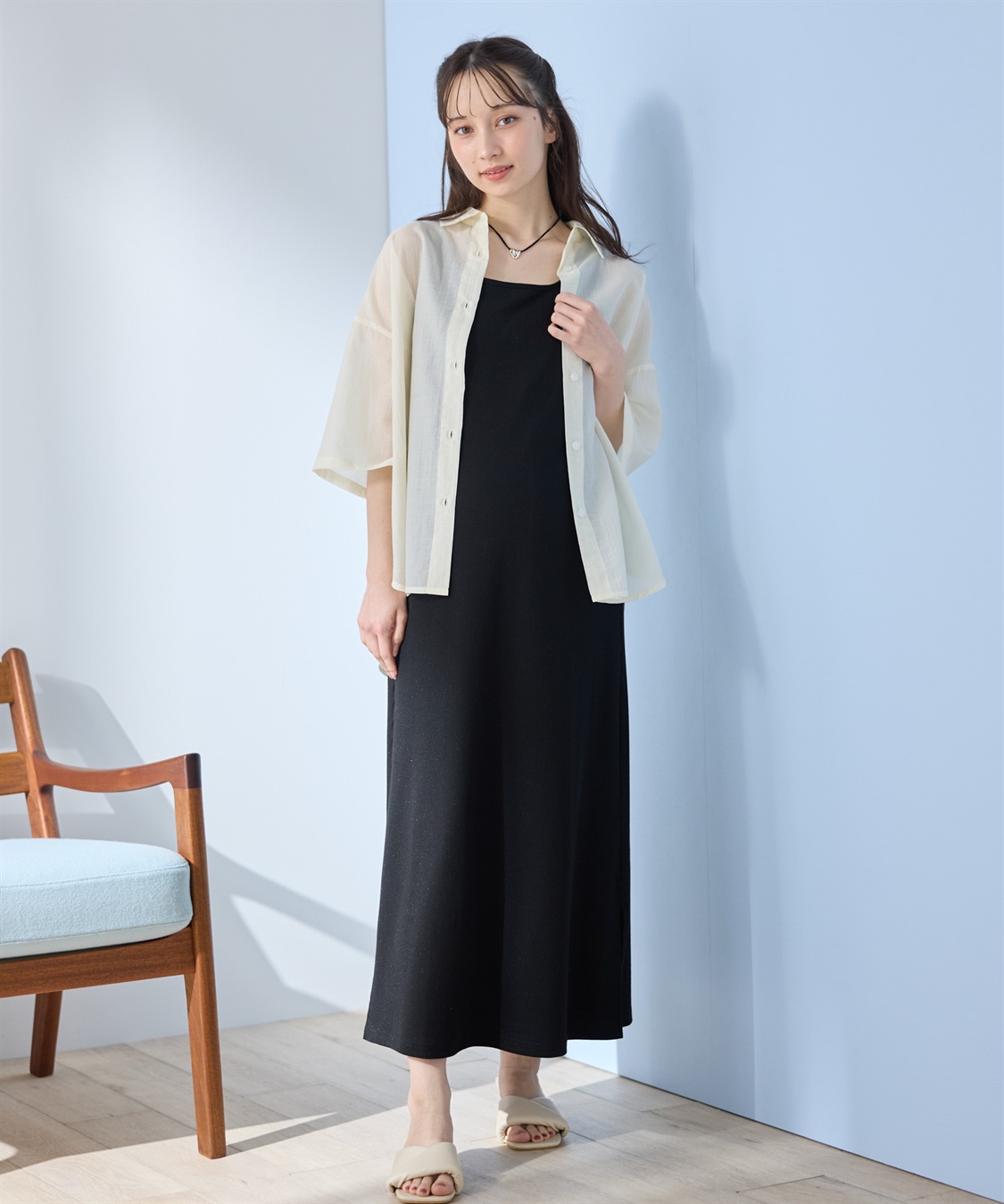 Rosemadame シアーストライプシャツ×ラメリブ ノースリ ワンピース/マタニティワンピース（マタニティ/授乳服）セット 授乳口付き 授乳楽々 妊婦服 産前・産後対応_main