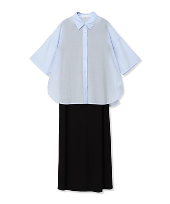 シアーストライプシャツ×ラメリブ ノースリ ワンピース/マタニティワンピース（マタニティ/授乳服）セット 授乳口付き 授乳楽々 妊婦服 産前・産後対応(ブラック-Ｍ)