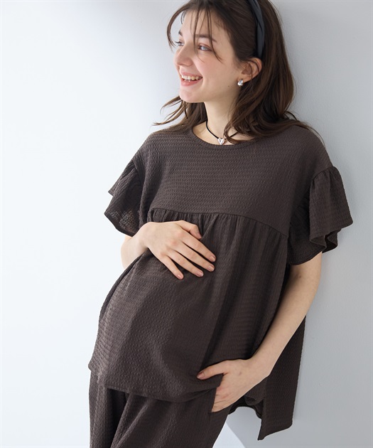ゆったりフリル袖 カットジャガードブラウス（マタニティ/授乳服）セット 授乳口付き 授乳楽々 妊婦服 産前・産後対応