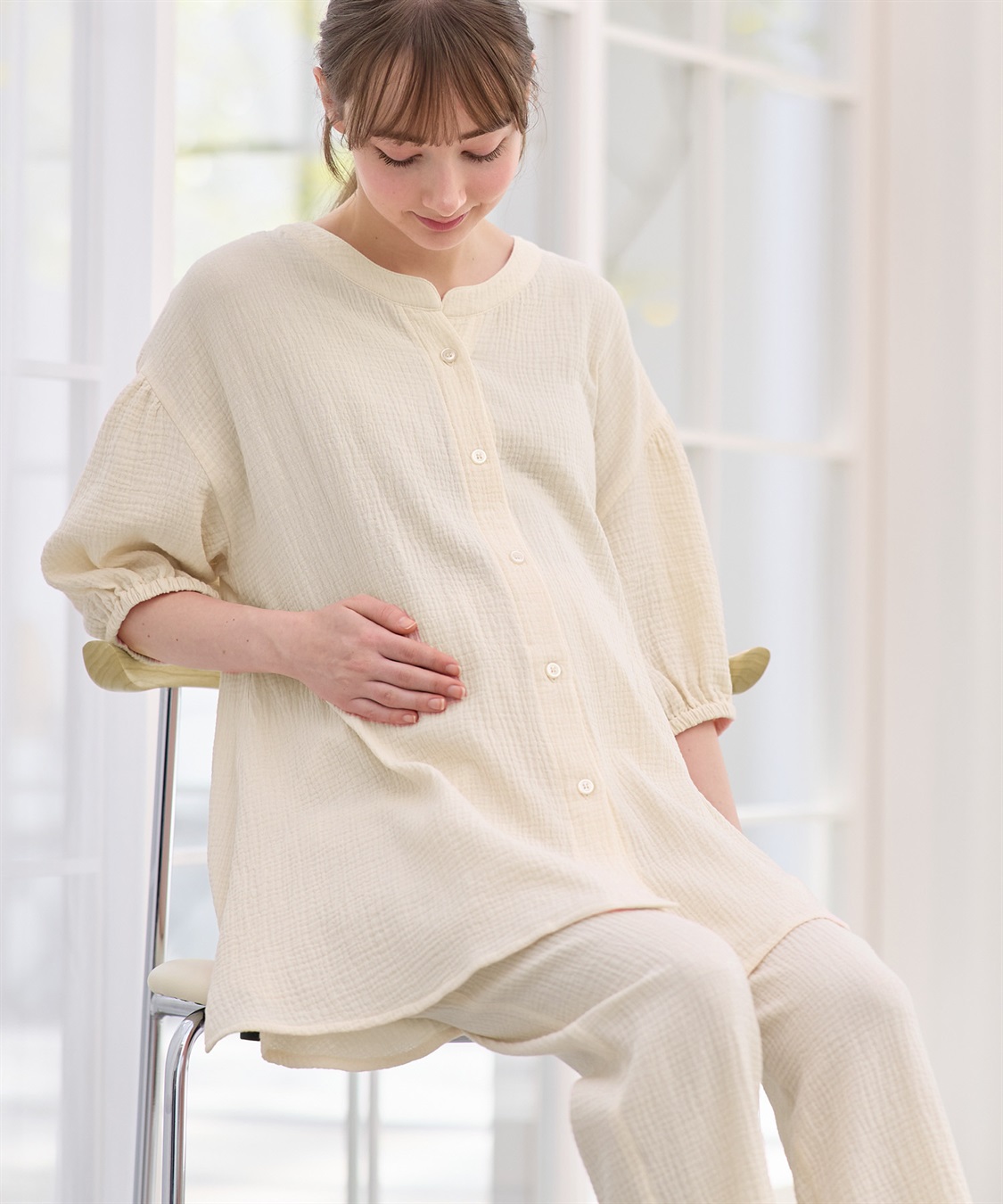Rosemadame コットン100％ ダブルガーゼ ボリューム 半袖パジャマ 上下セット (産前・産後対応 マタニティ＆授乳服 ルームウェア)_variation_1