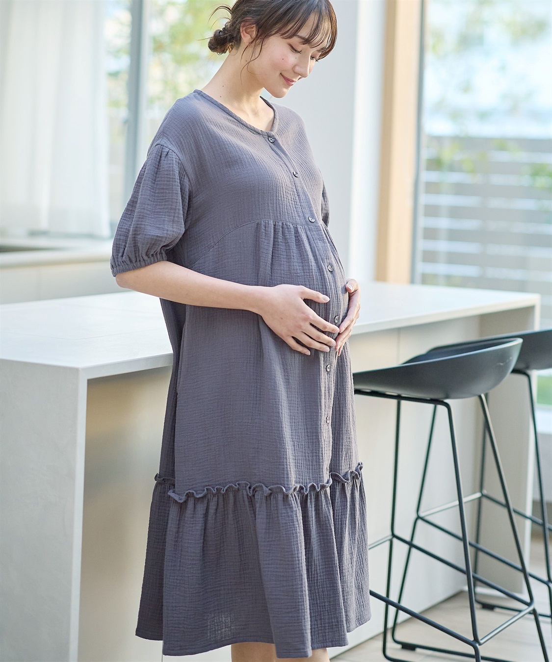 Rosemadame コットン100％ ダブルガーゼ ボリューム袖ネグリジェ/ワンピース(産前・産後対応 マタニティ＆授乳服 パジャマ/ルームウェア)_variation_1