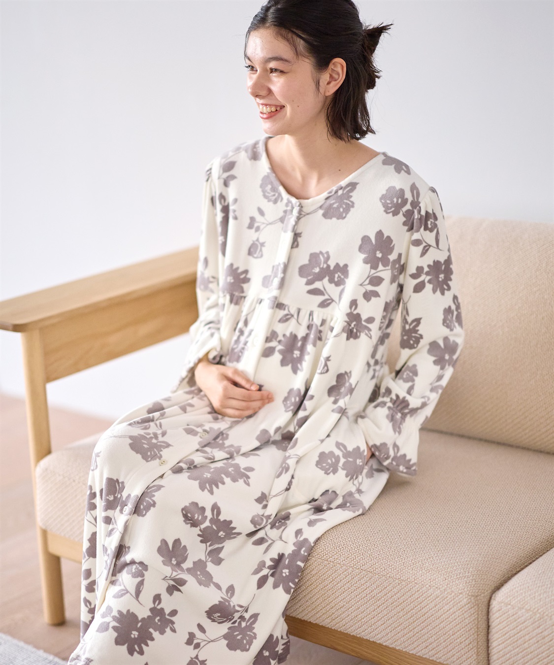 Rosemadame ストレッチベロア無地＆花柄ネグリジェ/ワンピースパジャマ/ルームウェア（マタニティ/授乳服）授乳楽々 妊婦服 産前・産後対応_variation_1