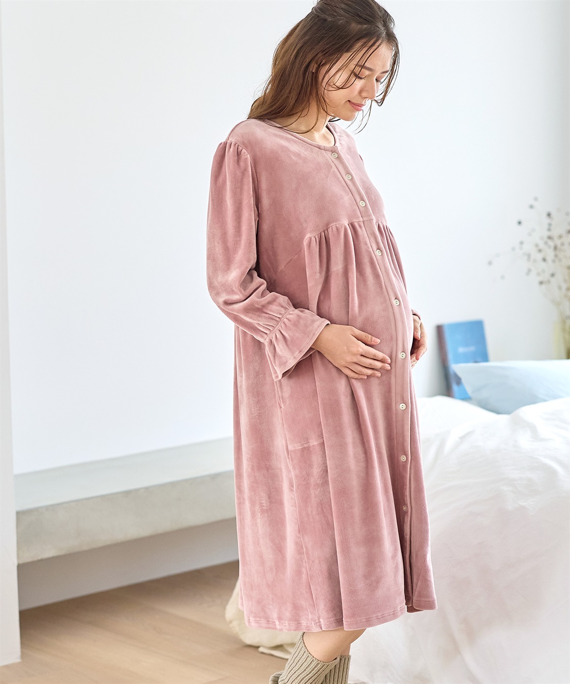 Rosemadame ストレッチベロア無地＆花柄ネグリジェ/ワンピースパジャマ/ルームウェア（マタニティ/授乳服）授乳楽々 妊婦服 産前・産後対応_variation_2