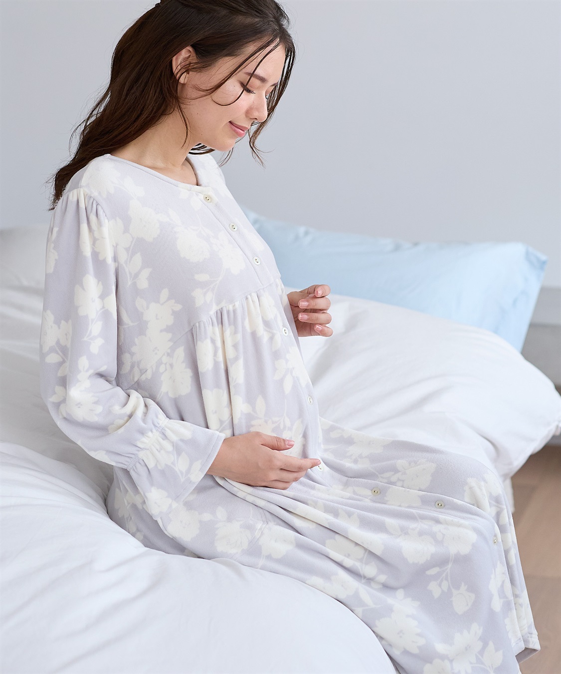 Rosemadame ストレッチベロア無地＆花柄ネグリジェ/ワンピースパジャマ/ルームウェア（マタニティ/授乳服）授乳楽々 妊婦服 産前・産後対応_variation_4