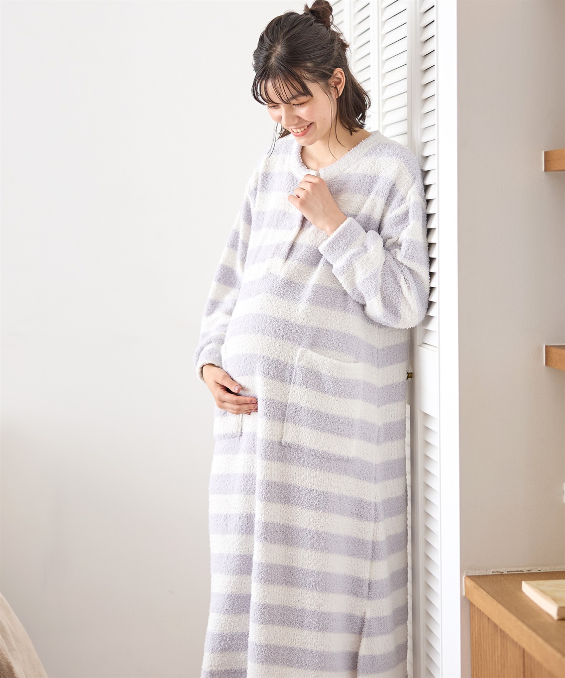 Rosemadame モコモコニットソー ボーダーワンピースパジャマ/ルームウェア（マタニティ/授乳服）授乳楽々 妊婦服 産前・産後対応_variation_1