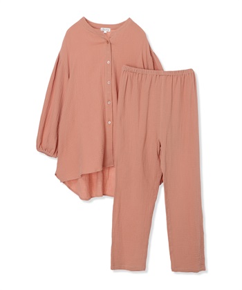 【親子ペア可】ダブルガーゼ長袖パジャマ コットン100％(産前・産後対応 マタニティ＆授乳服 ルームウェア 上下セット)(オレンジ-M)