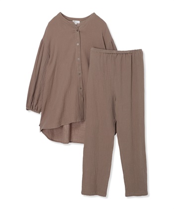 【親子ペア可】ダブルガーゼ長袖パジャマ コットン100％(産前・産後対応 マタニティ＆授乳服 ルームウェア 上下セット)(モカ-M)