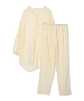 【親子ペア可】ダブルガーゼ長袖パジャマ コットン100％(産前・産後対応 マタニティ＆授乳服 ルームウェア 上下セット)(アイボリー-M)