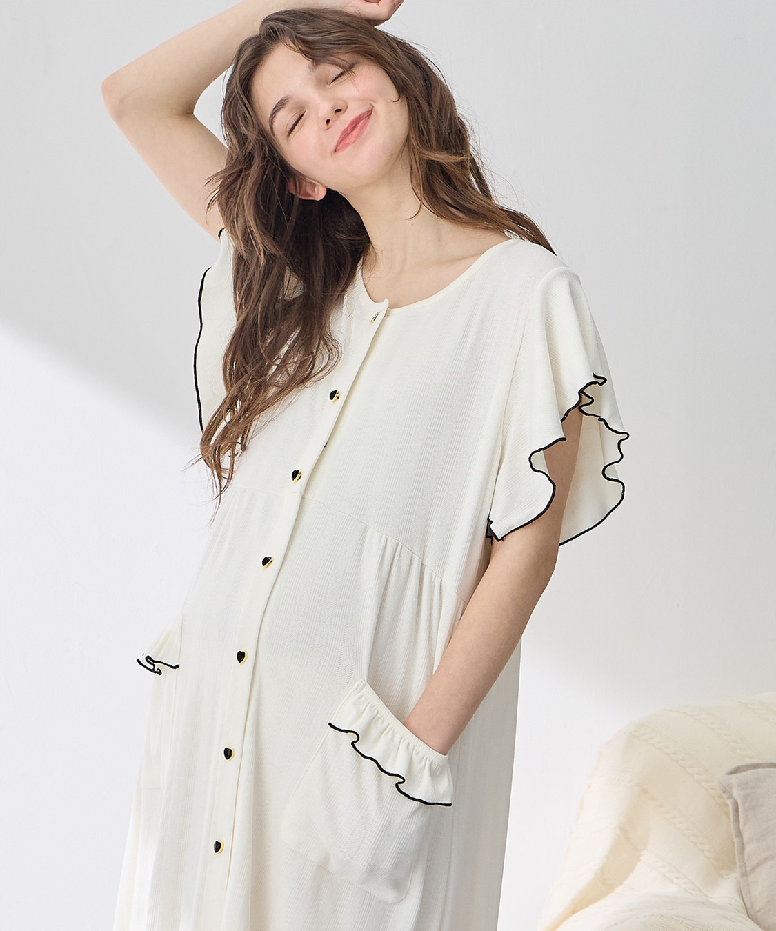 Rosemadame 配色メロウフリル パターンメッシュネグリジェ/ ワンピースパジャマ(産前・産後対応 マタニティ＆授乳服 ルームウェア)_main