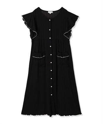 配色メロウフリル パターンメッシュネグリジェ/ ワンピースパジャマ(産前・産後対応 マタニティ＆授乳服 ルームウェア)(ブラック-Ｍ)