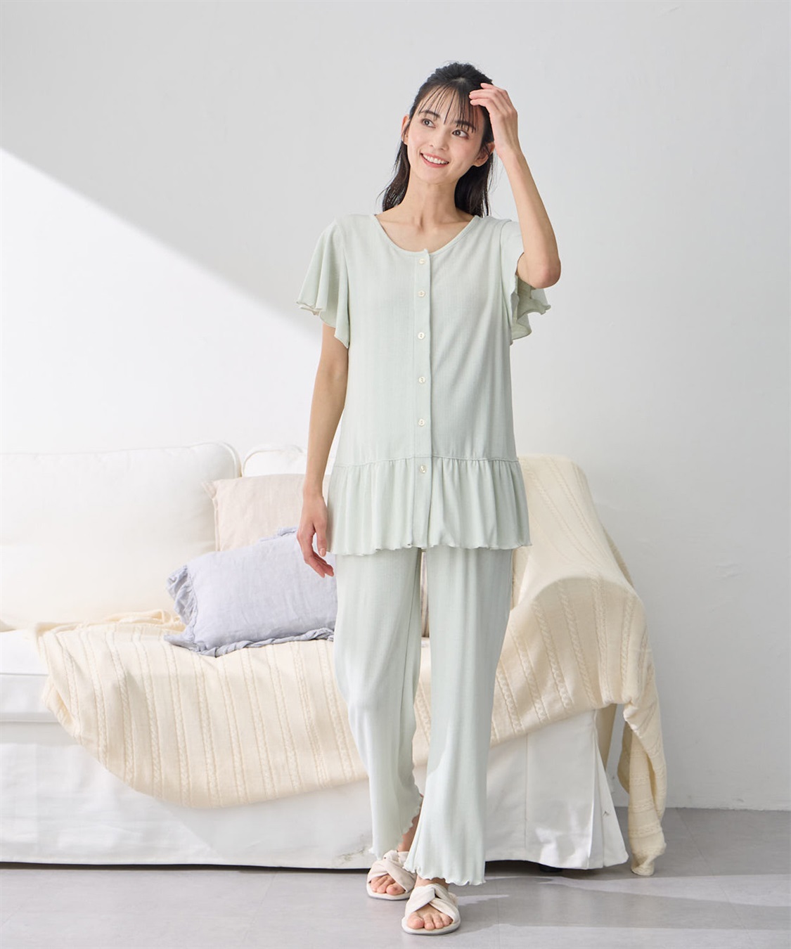 Rosemadame 配色メロウフリル パターンメッシュパジャマ(産前・産後対応 マタニティ＆授乳服 ルームウェア 上下セット)_main