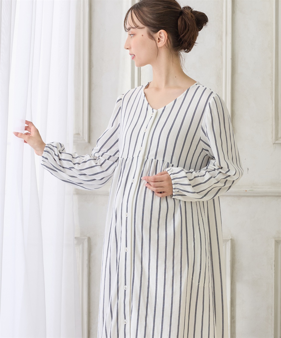Rosemadame 接結ダブルガーゼ無地・ストライプネグリジェ/ワンピースパジャマ/ルームウェア（マタニティ/授乳服）授乳楽々 妊婦服 産前・産後対応_main