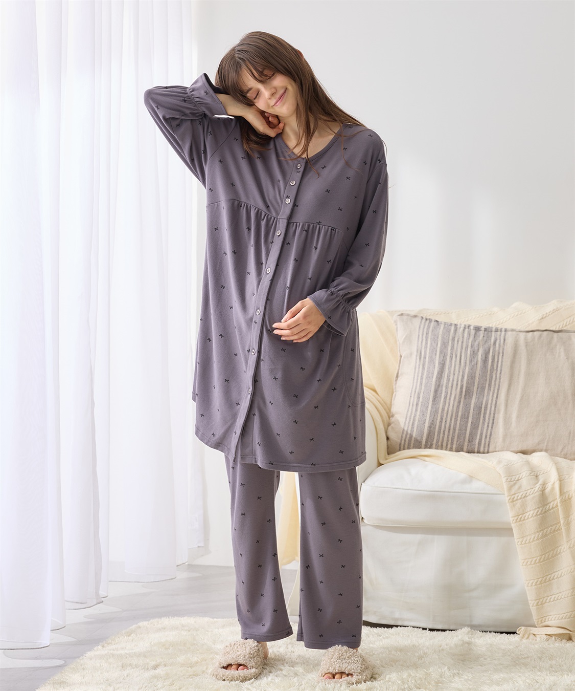 Rosemadame スムースリボンプリントパジャマ/ワンピースパジャマ/ルームウェア（マタニティ/授乳服）授乳楽々 妊婦服 産前・産後対応_main