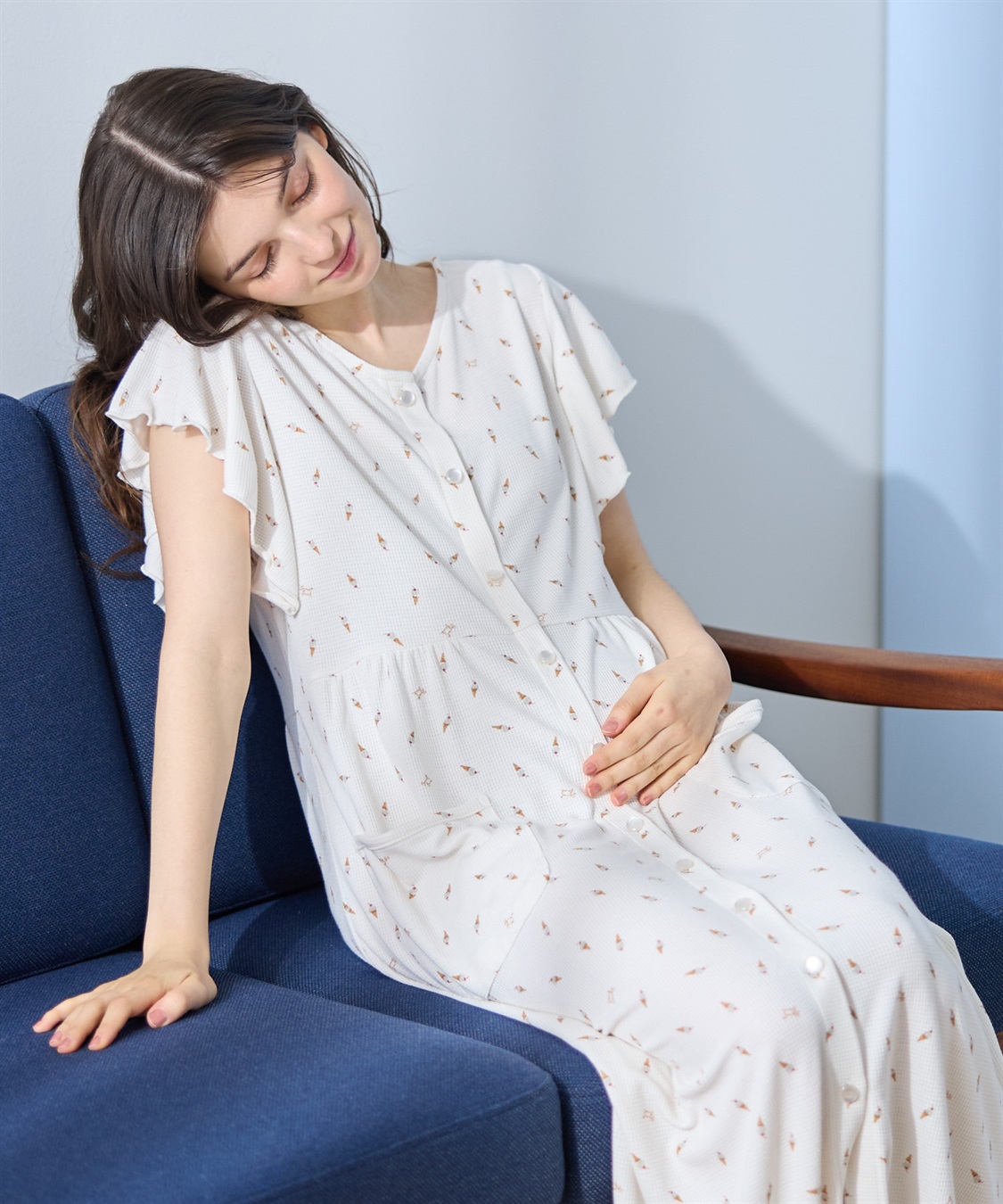 Rosemadame ワッフル風アイス柄ネグリジェ/ワンピースパジャマ/マタニティパジャマ（マタニティ/授乳服）上下セット 授乳口付き 授乳楽々 妊婦服 産前・産後対応_main