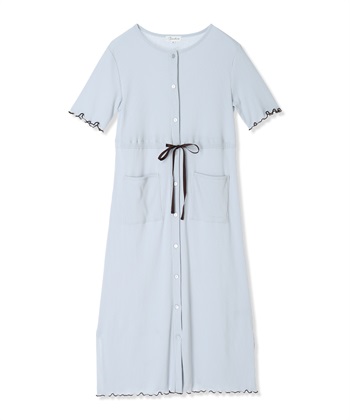 テレコ配色メロウネグリジェ/マタニティパジャマ ワンピースパジャマ（マタニティ/ 妊婦服）授乳楽々 妊婦服 産前・産後対応(サックス-Ｍ)