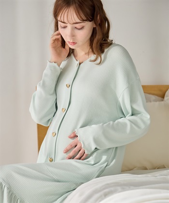 マタニティ ルームワンピース｜なめらか レーヨン混 リブ素材 授乳対応 ネグリジェ パジャマ 入院準備 産前産後対応(ライトグリーン-Ｍ)